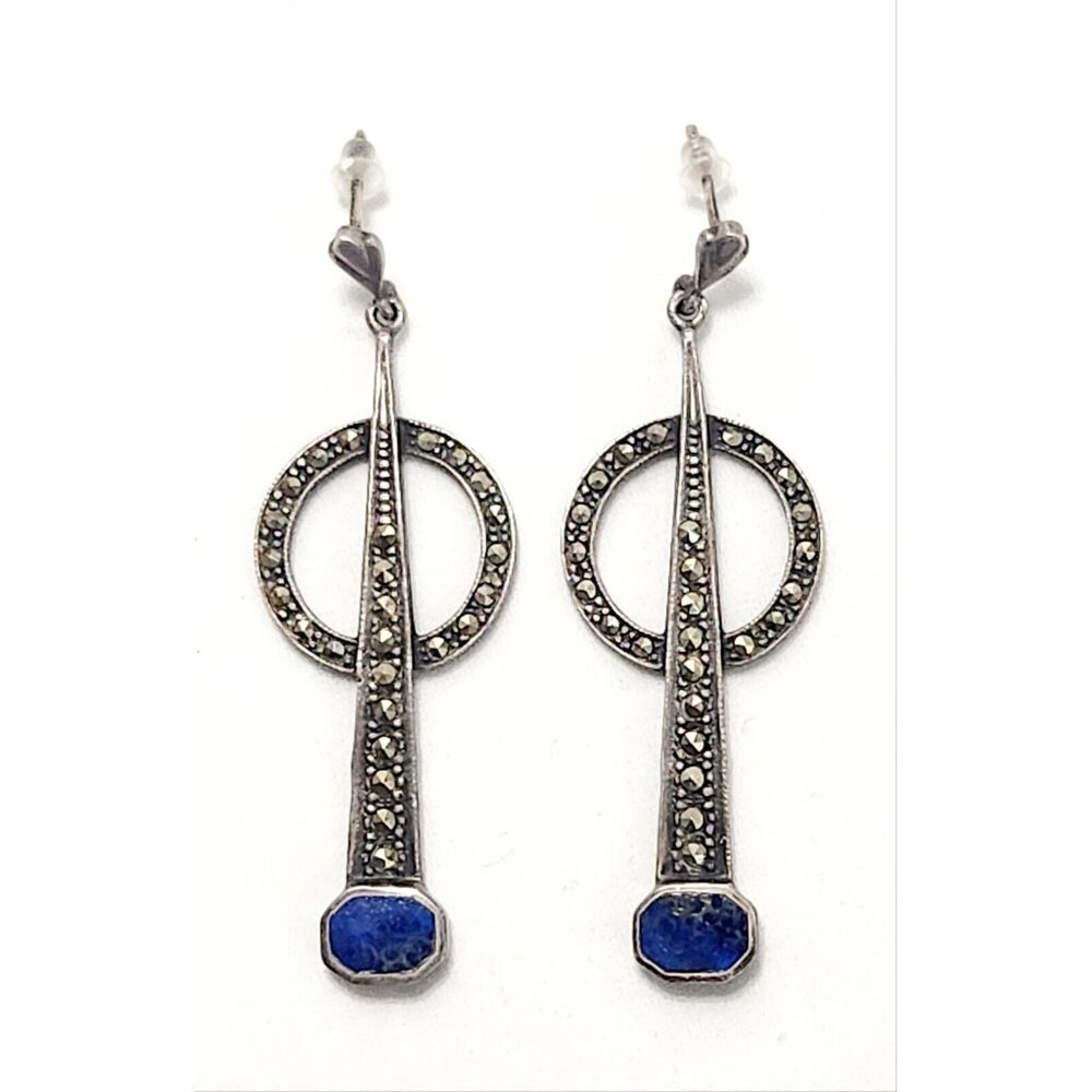VTG Art Deco Revival Marcasite Sterling Silver 925 Blue Lapis Dangle Earrings 2"